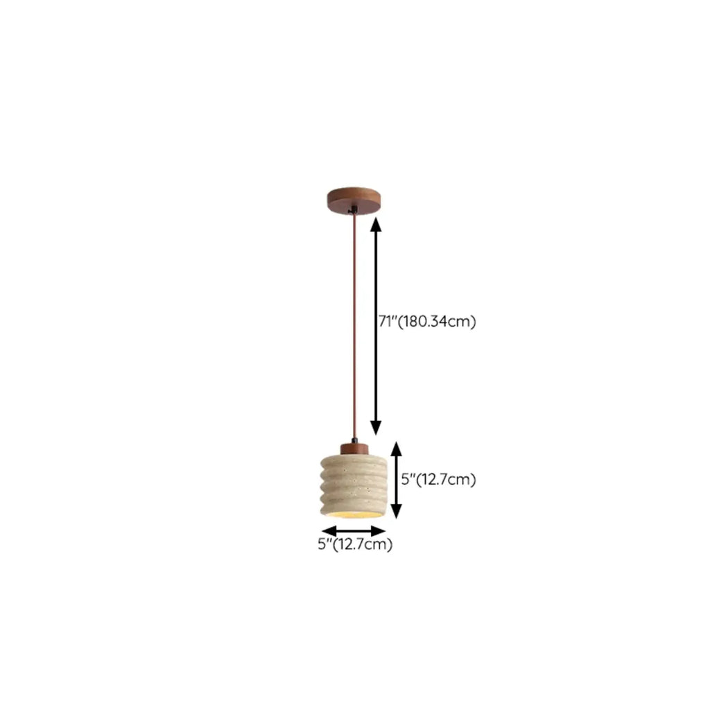 Modern Beige Stone Wood Disc Cylinder Pendant Light