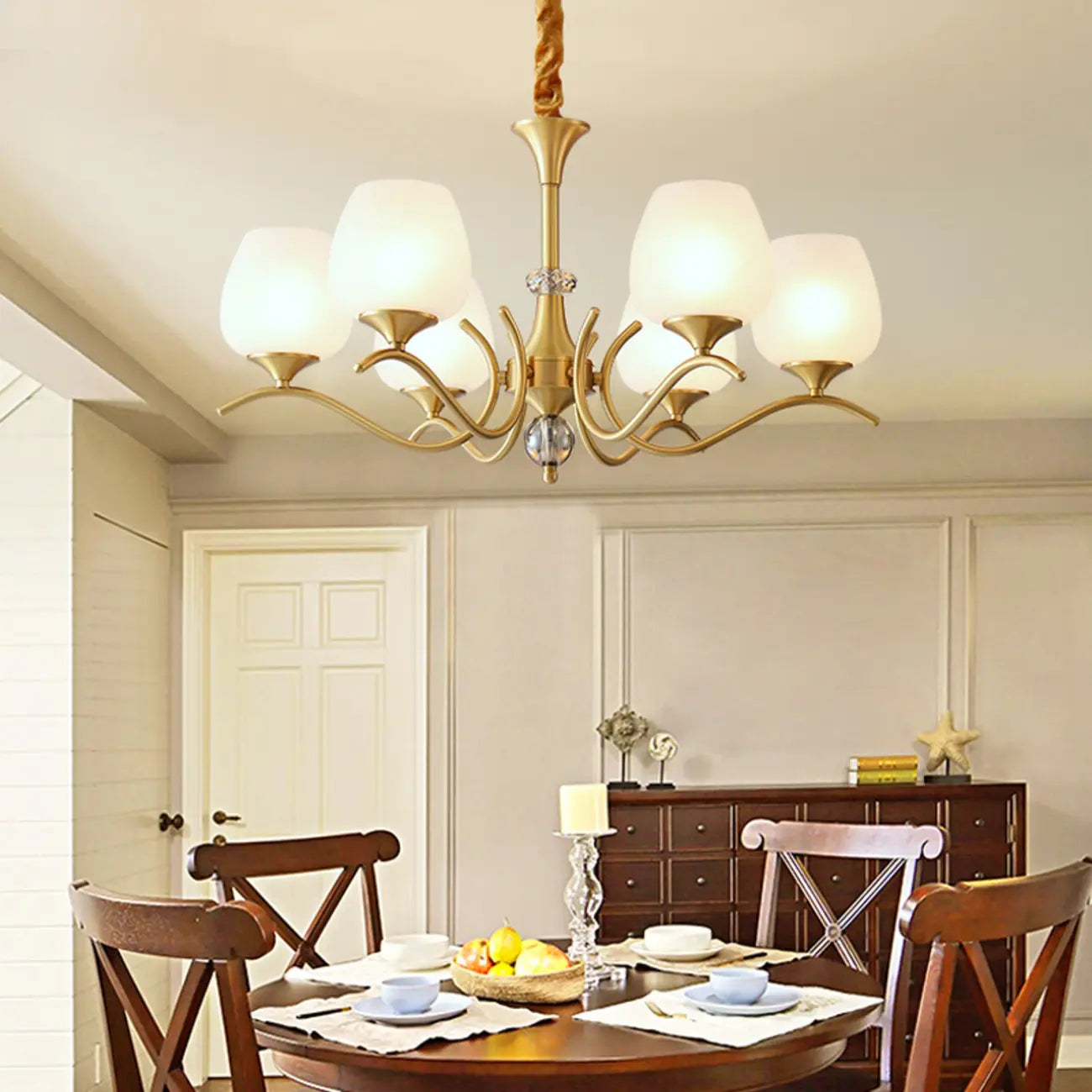 Mid-Century Modern White Glass Elegant Gold Chandelier