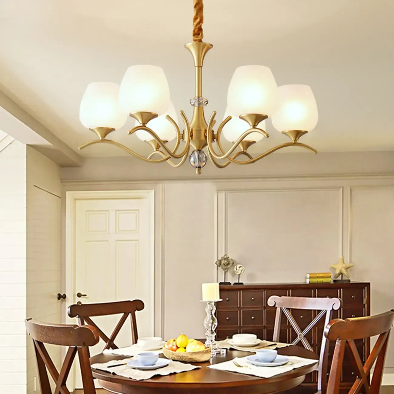 Mid-Century Modern White Glass Elegant Gold Chandelier