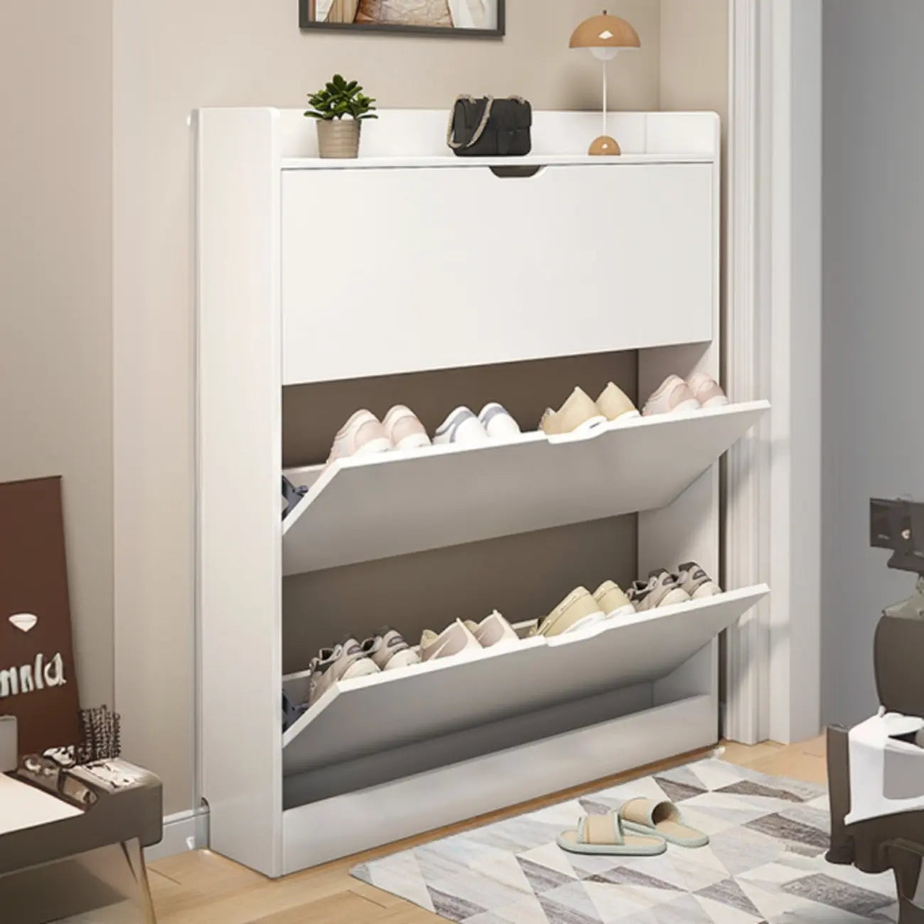Entryway Modern Wood Shoe Cabinet with Flip-Out Drawer