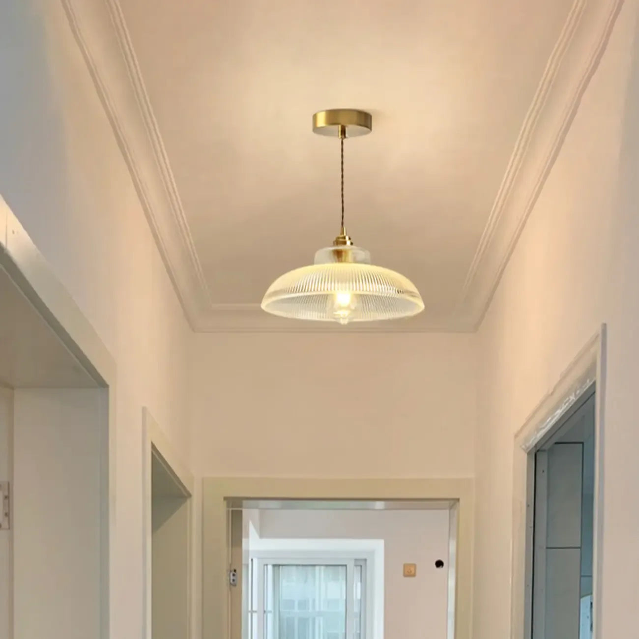 Green Fluted Glass Brass Dome Pendant Light