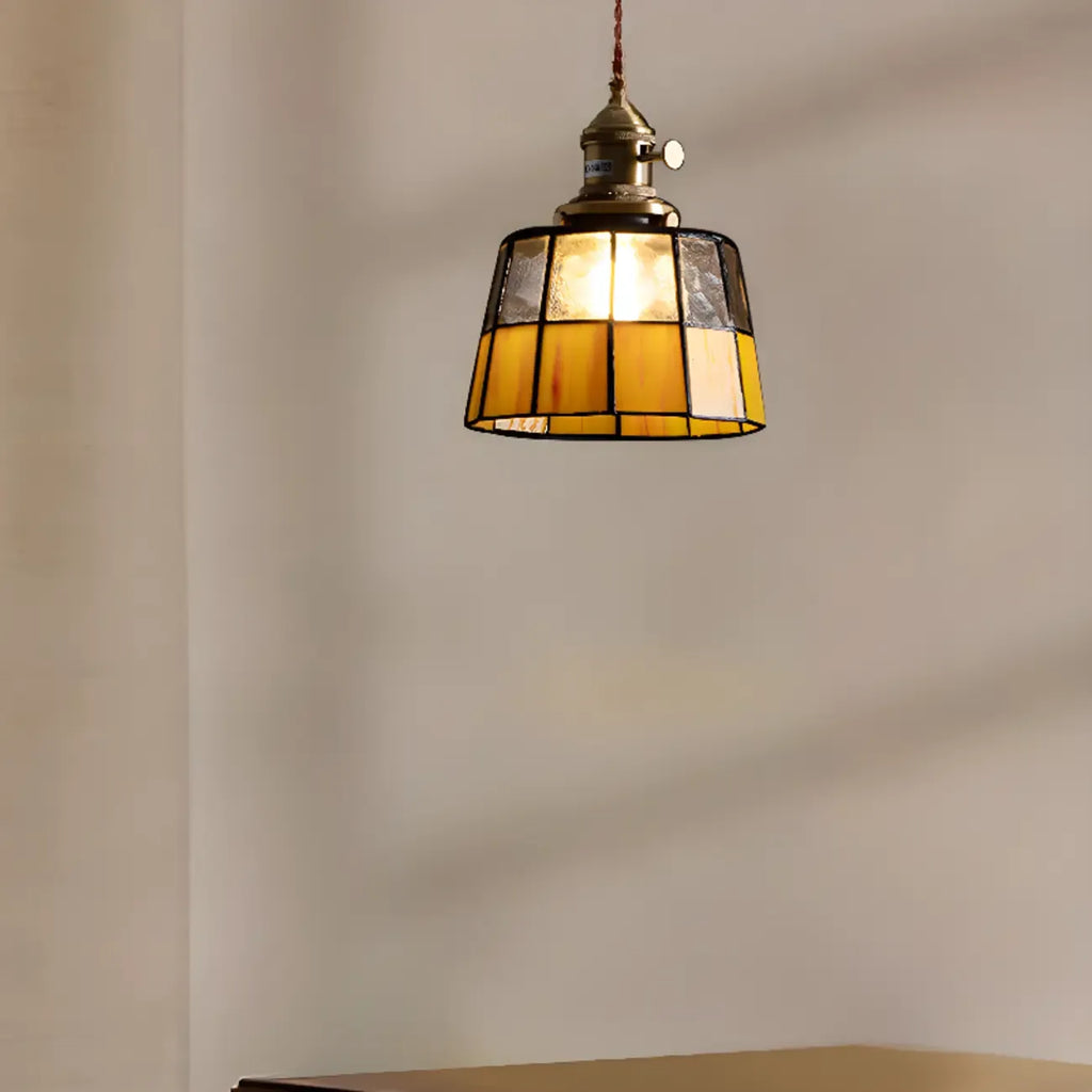 Frosted Yellow Glass Antique Brass Geometric Pendant Light
