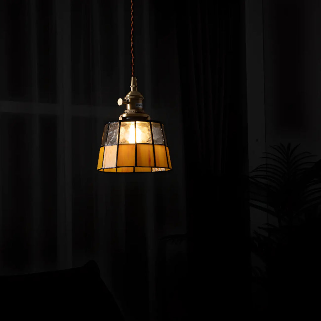 Frosted Yellow Glass Antique Brass Geometric Pendant Light