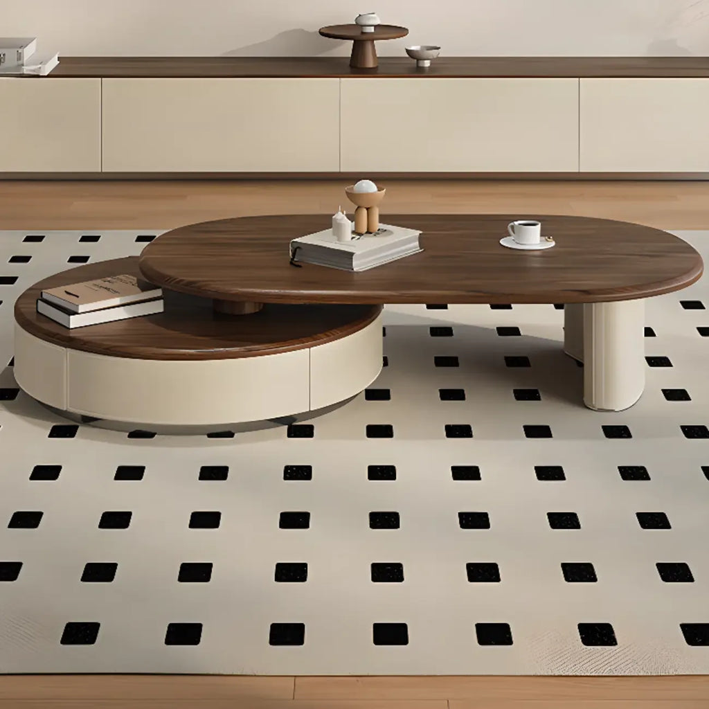 Modern Brown Beige Nest Wooden Rounded Drawer Coffee Table