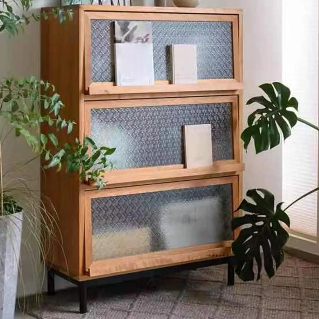 Rustic Natural Rectangle Wood Frosted Glass Storage Chests