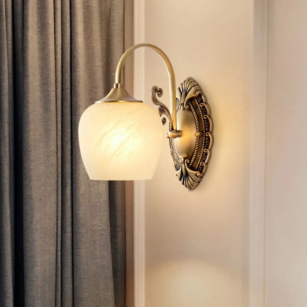 Vintage Brass Gooseneck Glass Shade Wall Sconce