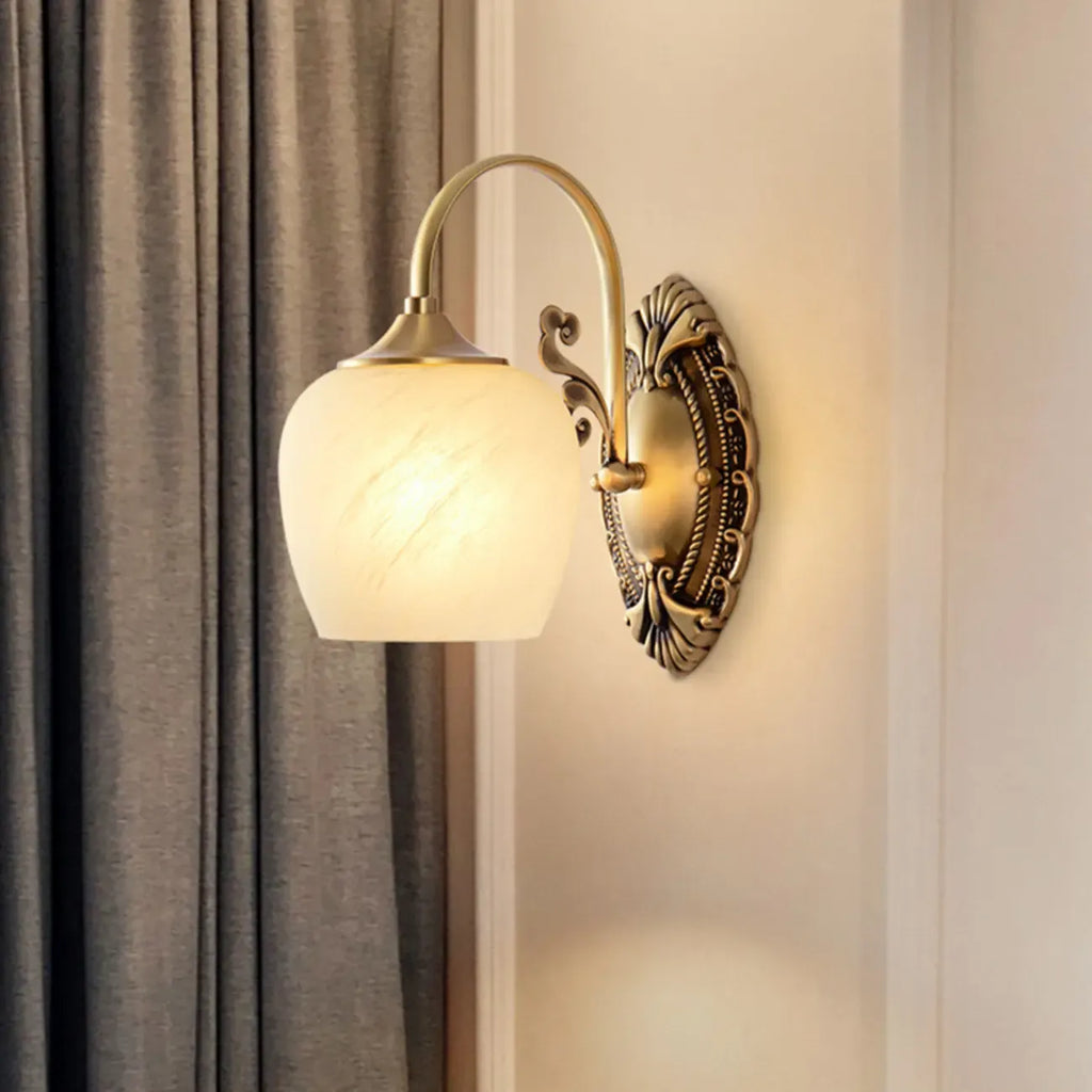 Vintage Brass Gooseneck Glass Shade Wall Sconce