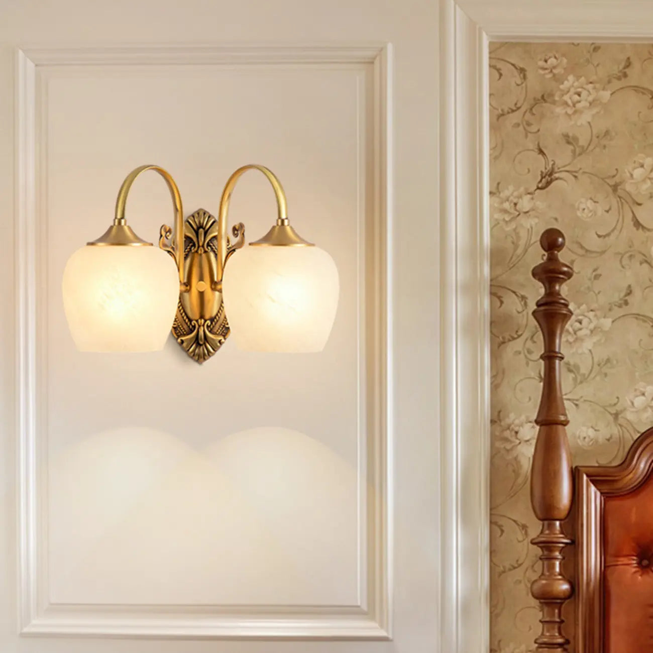 Vintage Brass Gooseneck Glass Shade Wall Sconce