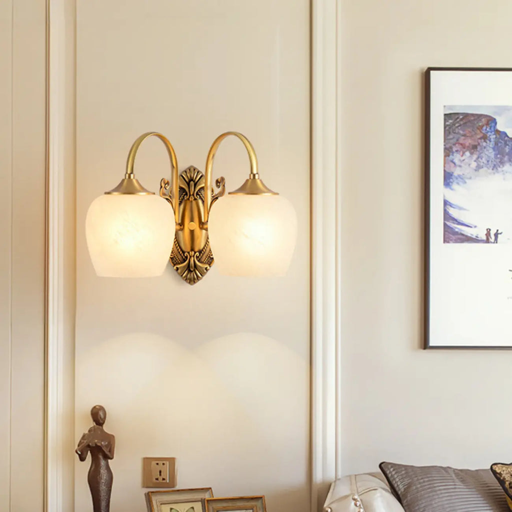 Vintage Brass Gooseneck Glass Shade Wall Sconce