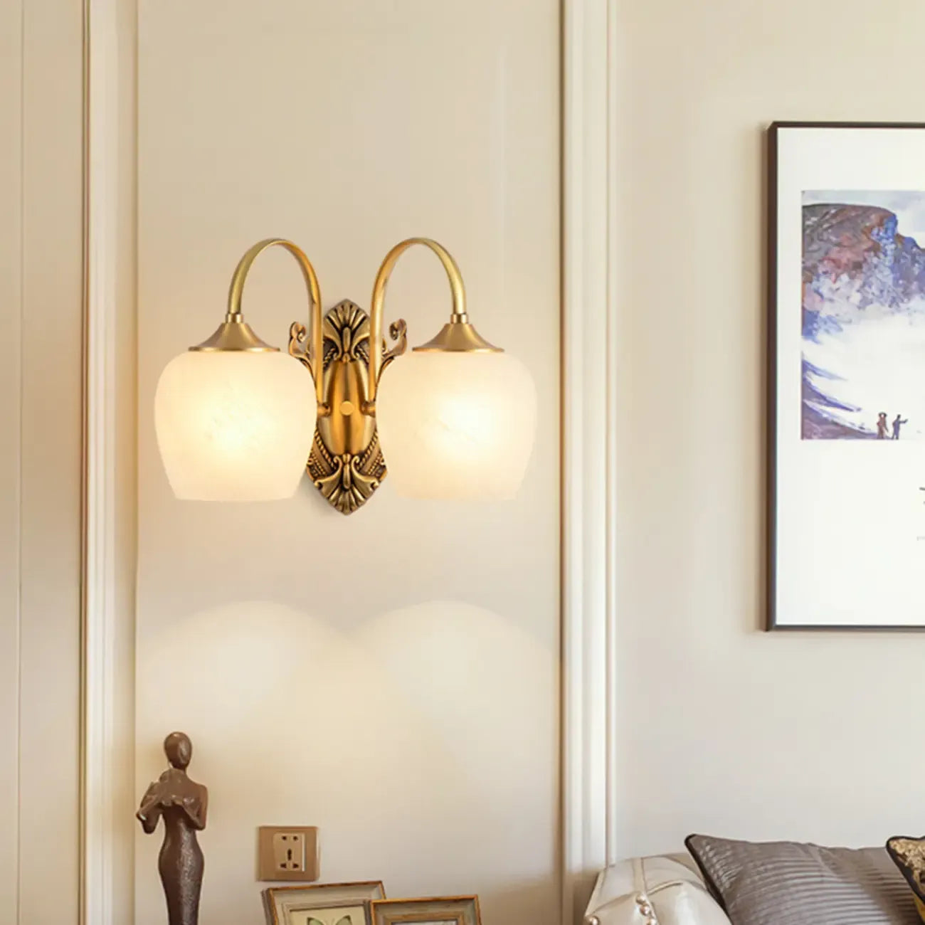 Vintage Brass Gooseneck Glass Shade Wall Sconce