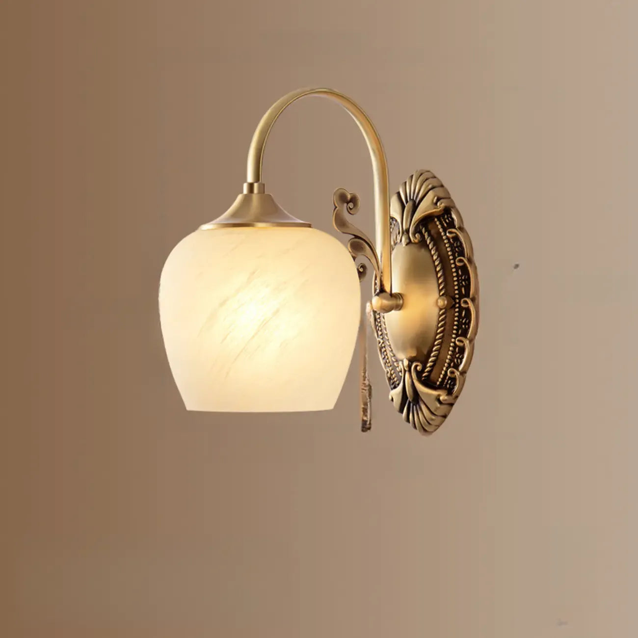 Vintage Brass Gooseneck Glass Shade Wall Sconce