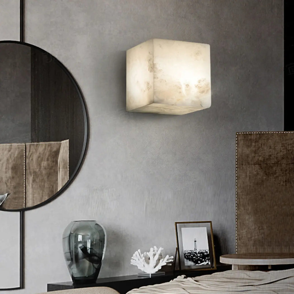 Contemporary Gray-white Cubic Alabaster Indoor Wall Sconce