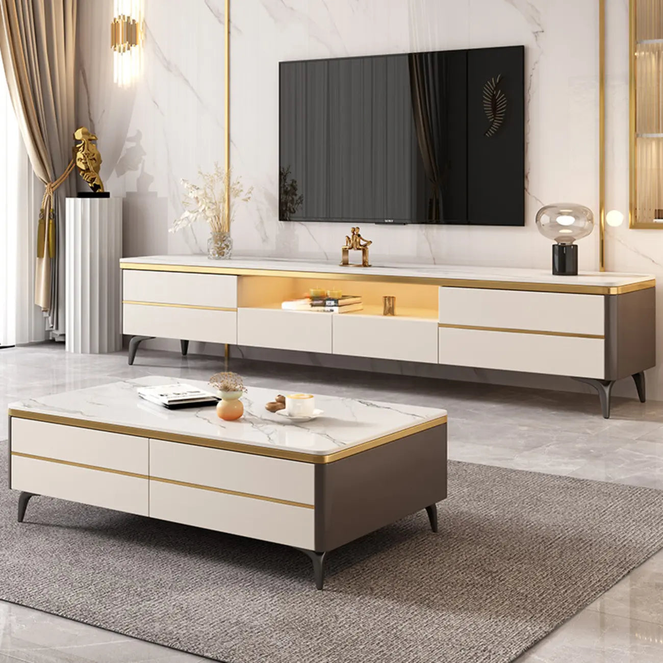 Versatile White Stone TV Stand with Multi Drawers & Lighting