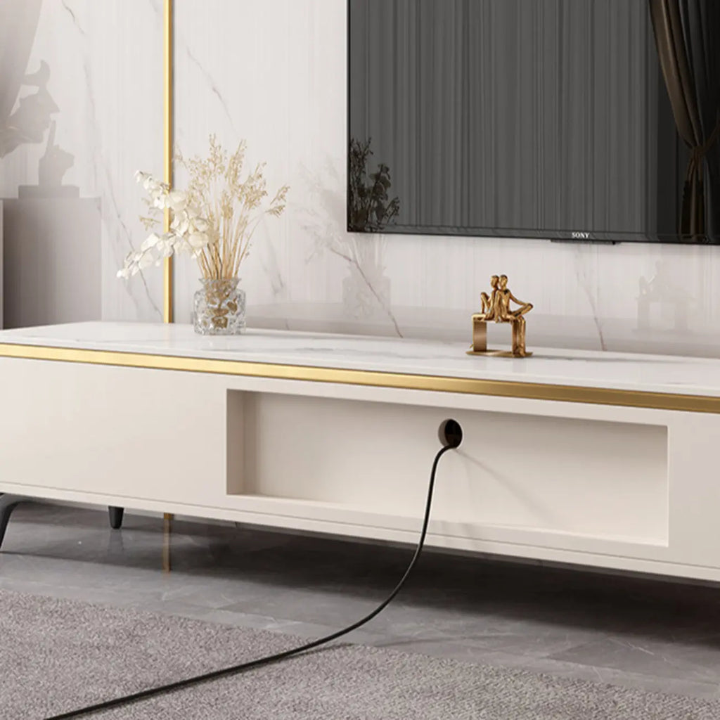 Versatile White Stone TV Stand with Multi Drawers & Lighting