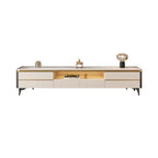 Versatile White Stone TV Stand with Multi Drawers & Lighting