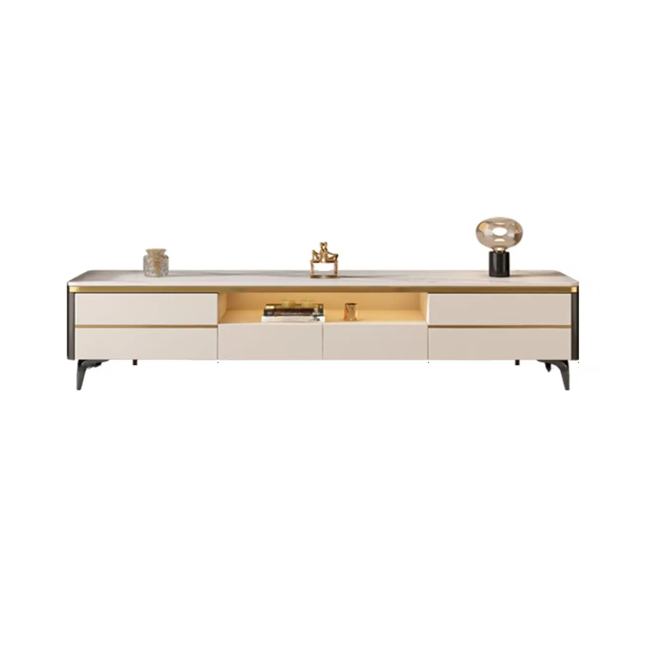 Versatile White Stone TV Stand with Multi Drawers & Lighting