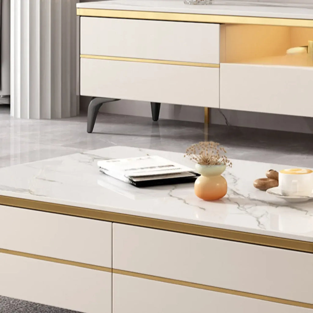 Versatile White Stone TV Stand with Multi Drawers & Lighting