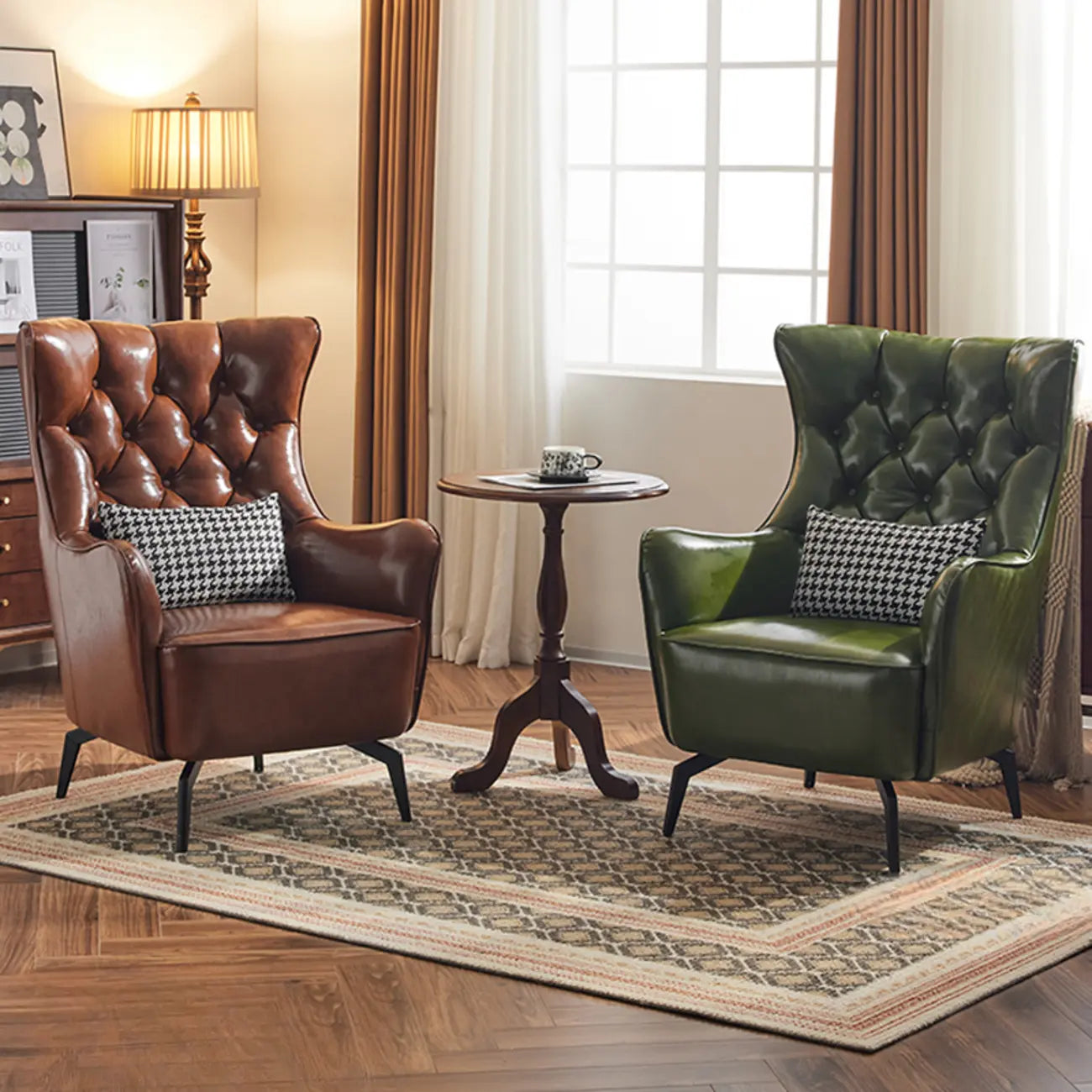 Modern Oiled Leather Tufted Wingback Accent Chair with Arms