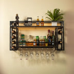 Steel Wall-Secured Wine Bottle & Glass Rack with Shelf