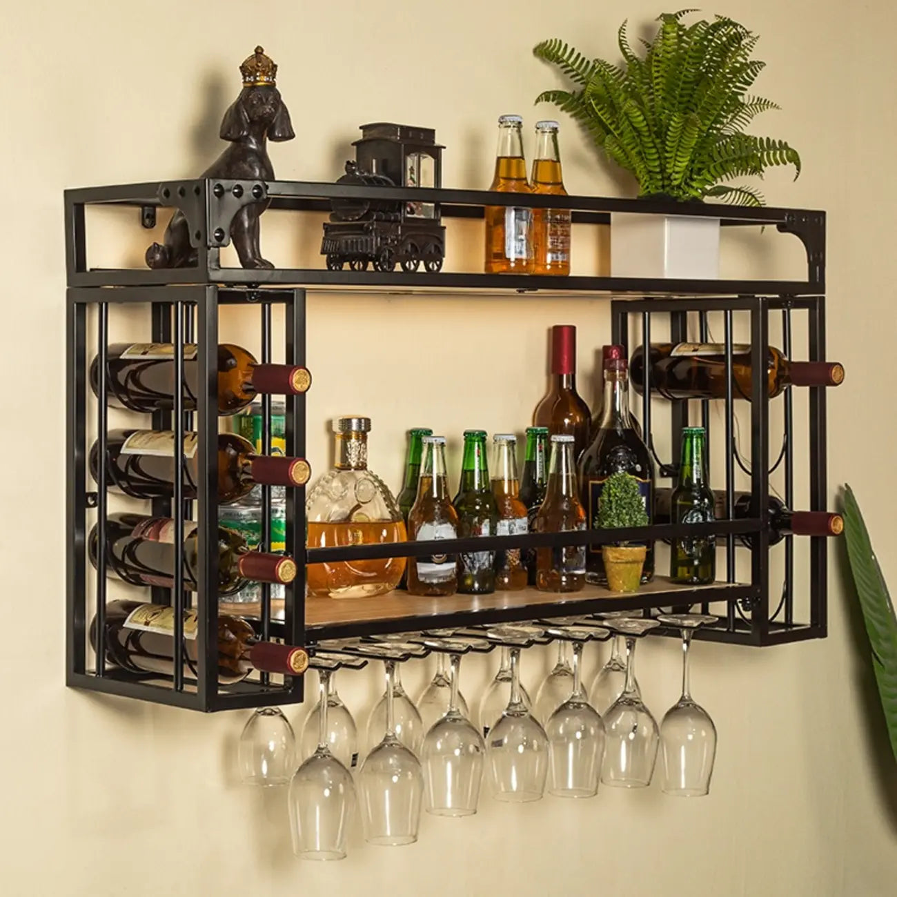 Steel Wall-Secured Wine Bottle & Glass Rack with Shelf