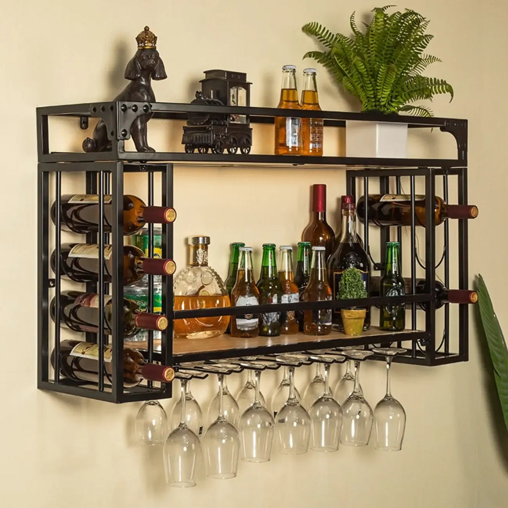 Steel Wall-Secured Wine Bottle & Glass Rack with Shelf