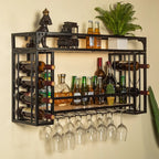 Steel Wall-Secured Wine Bottle & Glass Rack with Shelf