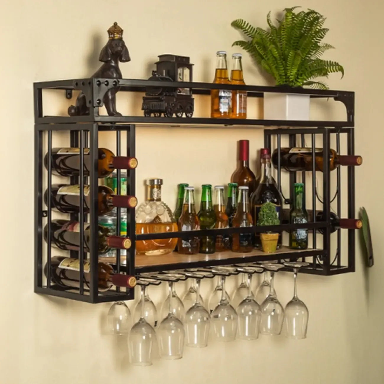 Steel Wall-Secured Wine Bottle & Glass Rack with Shelf