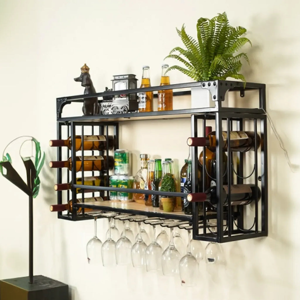 Steel Wall-Secured Wine Bottle & Glass Rack with Shelf