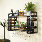 Steel Wall-Secured Wine Bottle & Glass Rack with Shelf