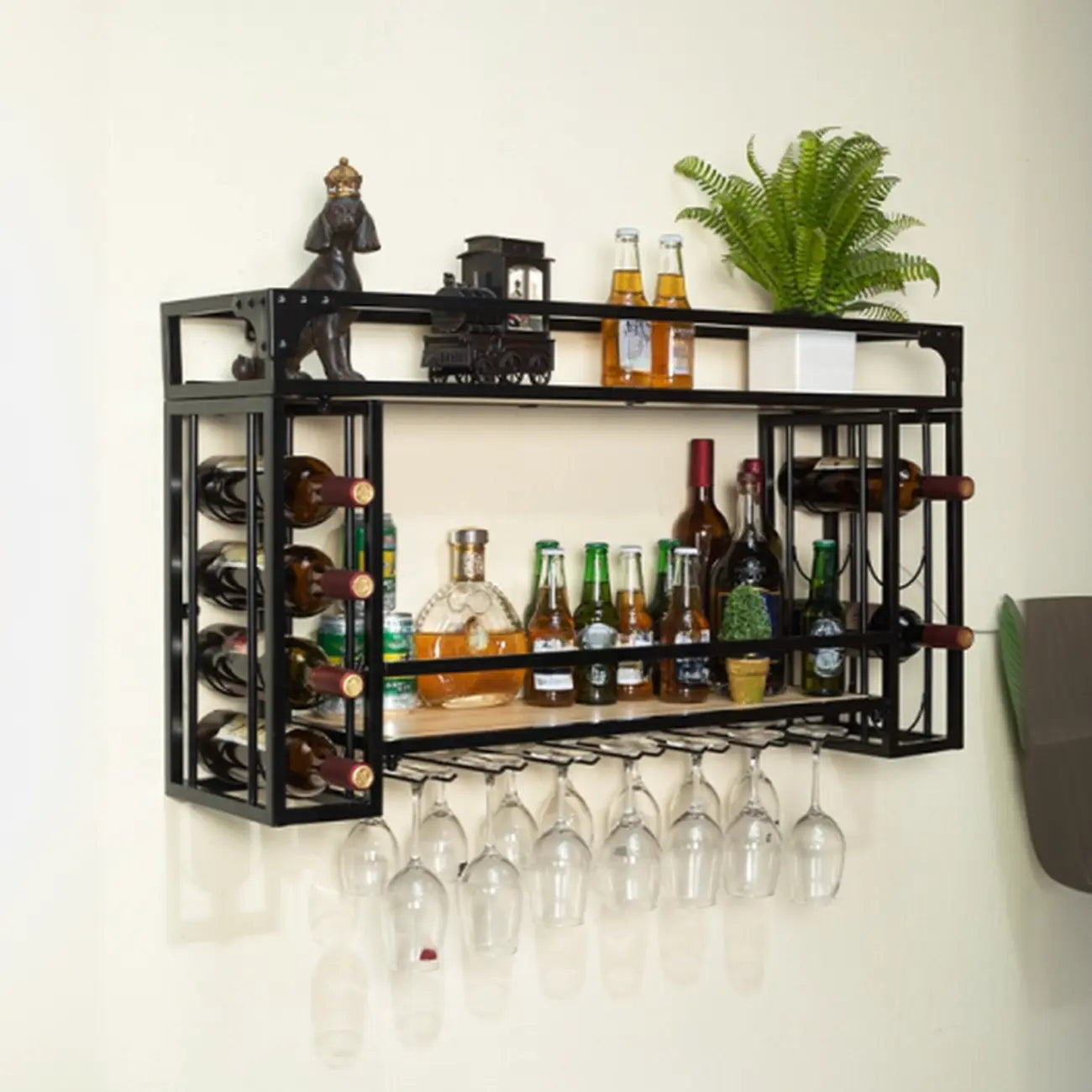 Steel Wall-Secured Wine Bottle & Glass Rack with Shelf