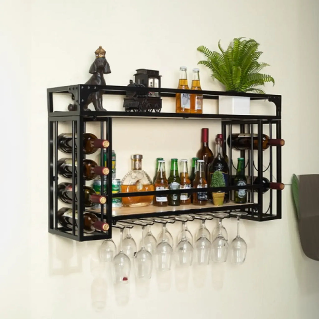 Steel Wall-Secured Wine Bottle & Glass Rack with Shelf