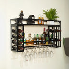 Steel Wall-Secured Wine Bottle & Glass Rack with Shelf