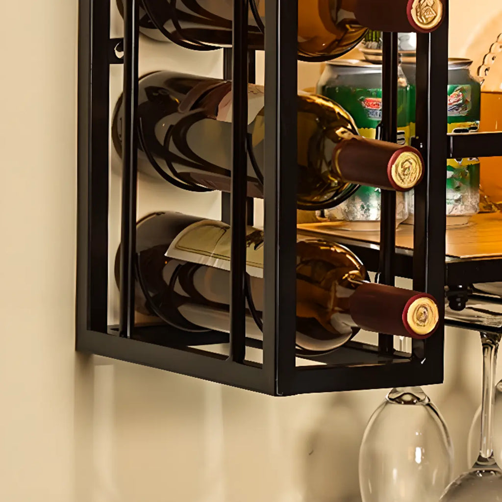 Steel Wall-Secured Wine Bottle & Glass Rack with Shelf