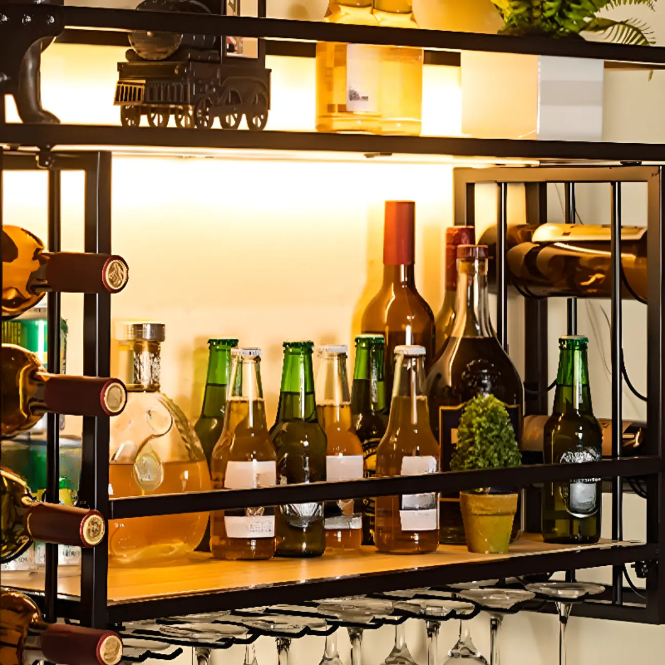 Steel Wall-Secured Wine Bottle & Glass Rack with Shelf