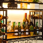 Steel Wall-Secured Wine Bottle & Glass Rack with Shelf