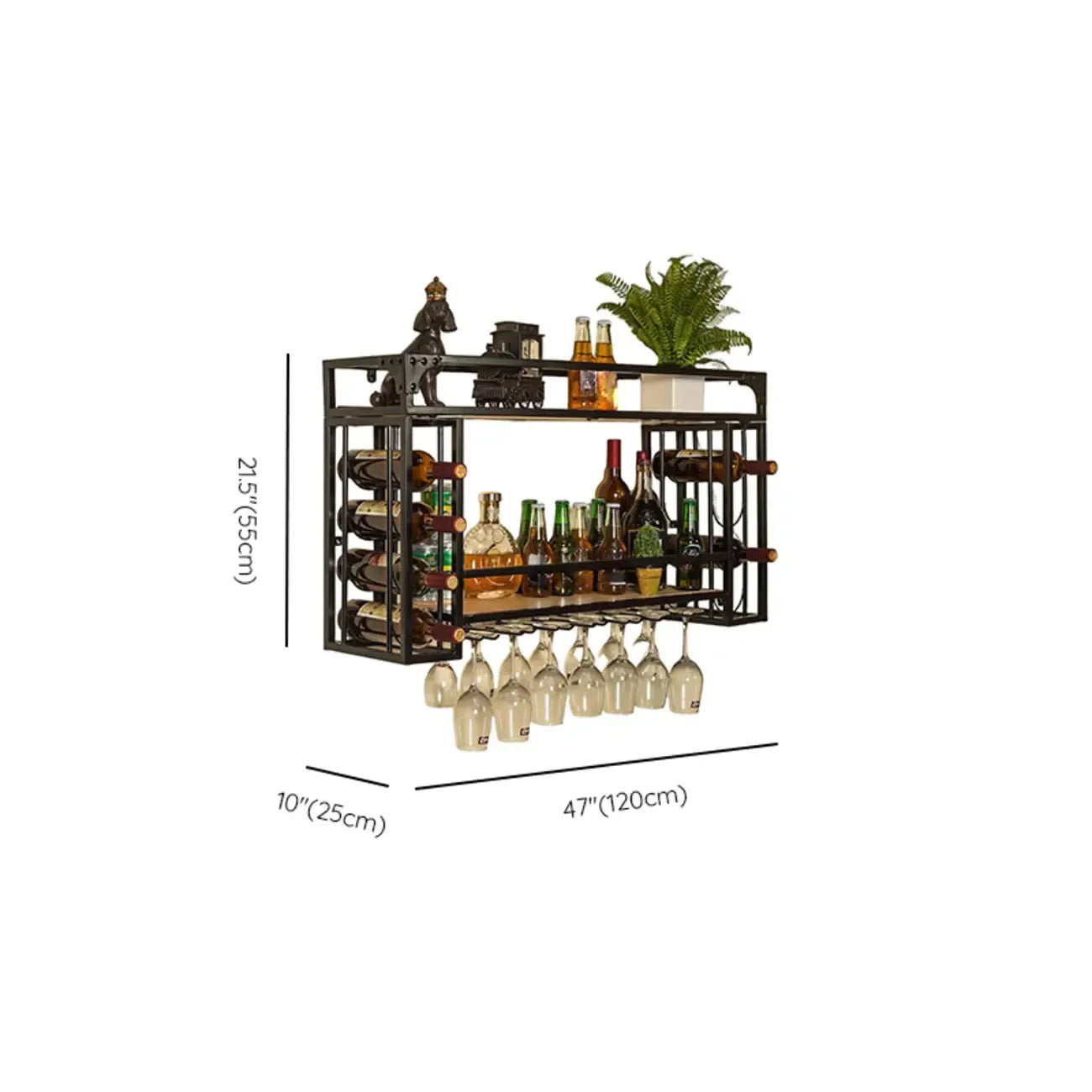 Steel Wall-Secured Wine Bottle & Glass Rack with Shelf