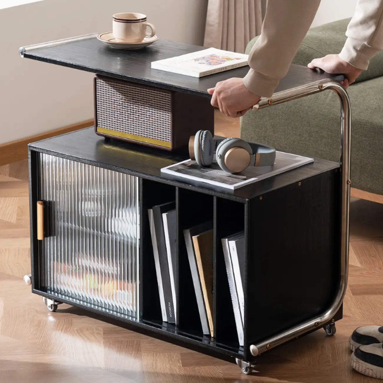 Flexible Wooden Metal Mobile Side Table with Storage