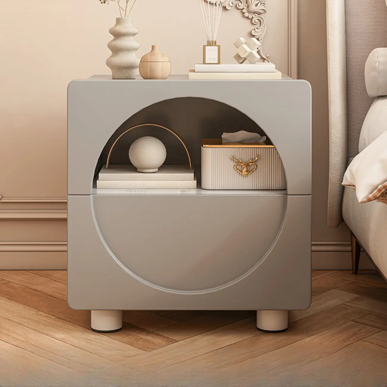 Modern 2-Tier Wooden Small Nightstand in White/Grey