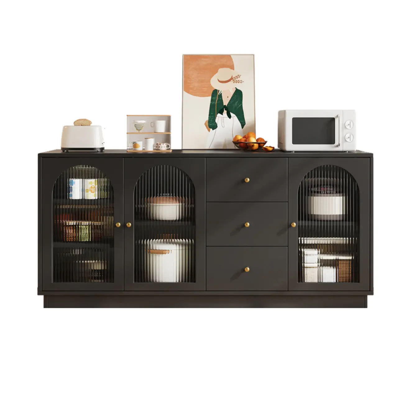 Elegant Adjustable Arched Glass Wood Buffet Cabinet with 3 Drawers