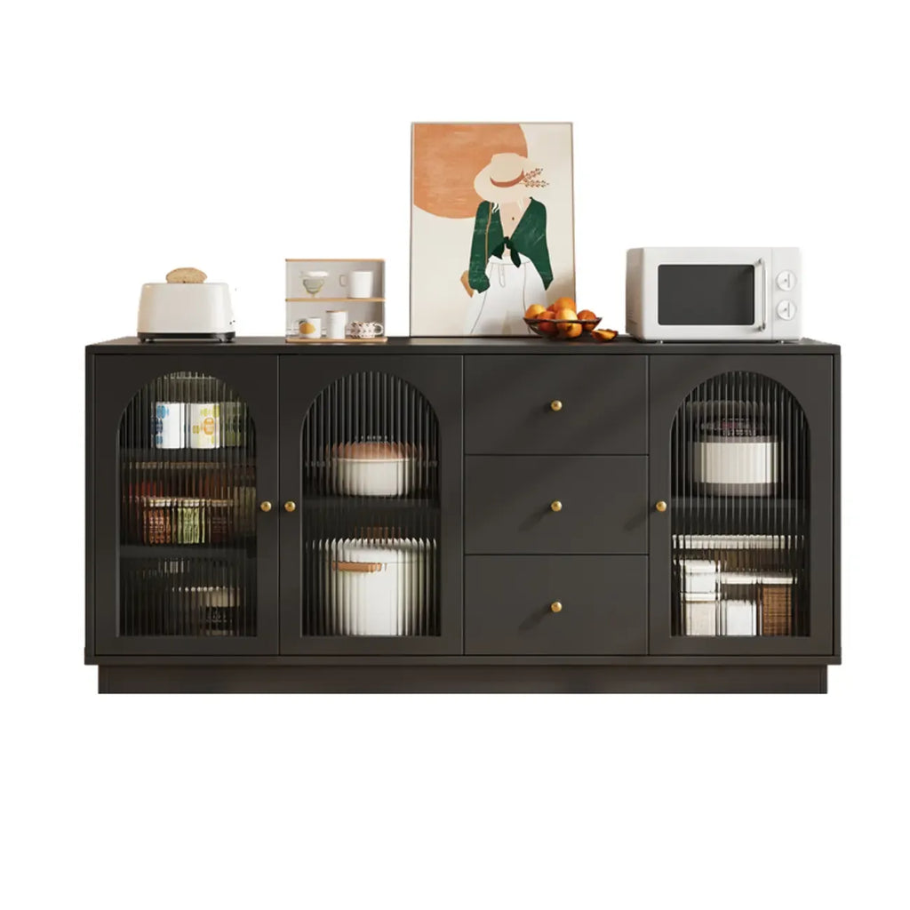 Elegant Adjustable Arched Glass Wood Buffet Cabinet with 3 Drawers