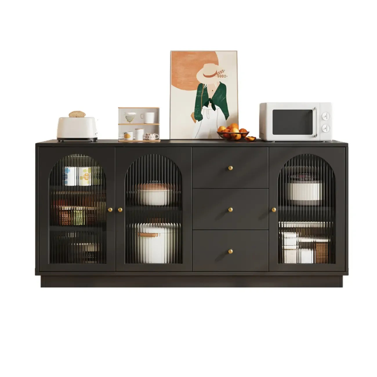 Elegant Adjustable Arched Glass Wood Buffet Cabinet with 3 Drawers