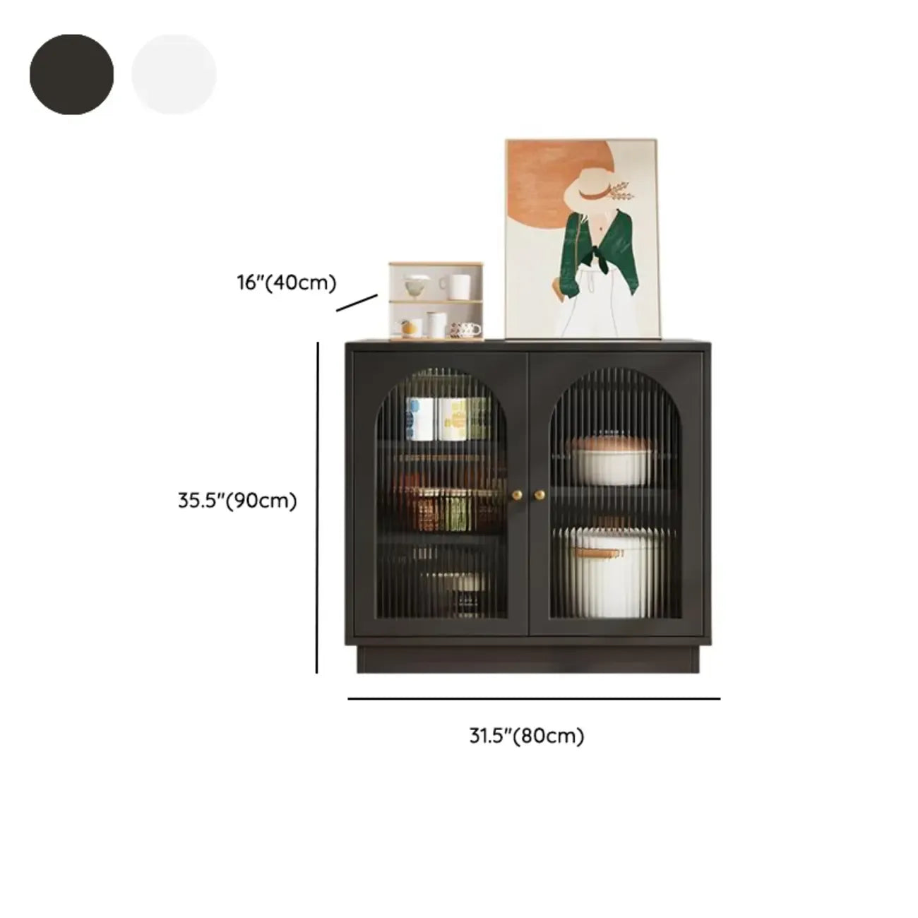 Elegant Adjustable Arched Glass Wood Buffet Cabinet with 3 Drawers