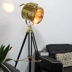 Industrial Gold Metal Tripod Standing Floor Lamp