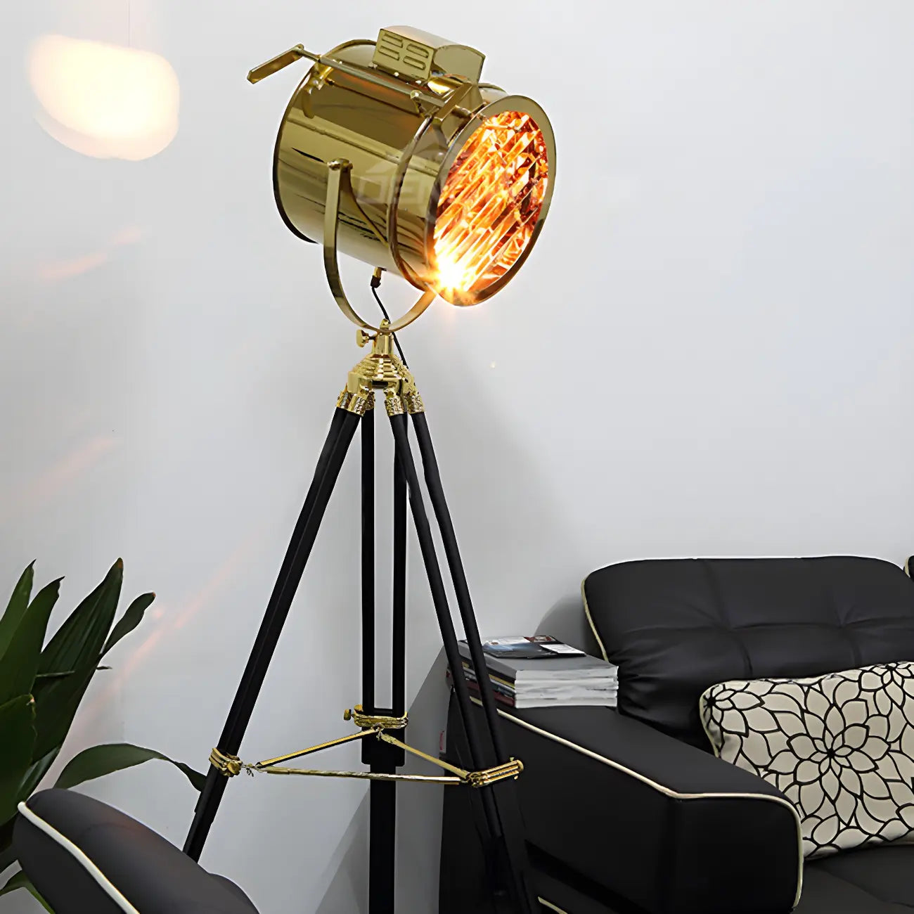 Industrial Gold Metal Tripod Standing Floor Lamp
