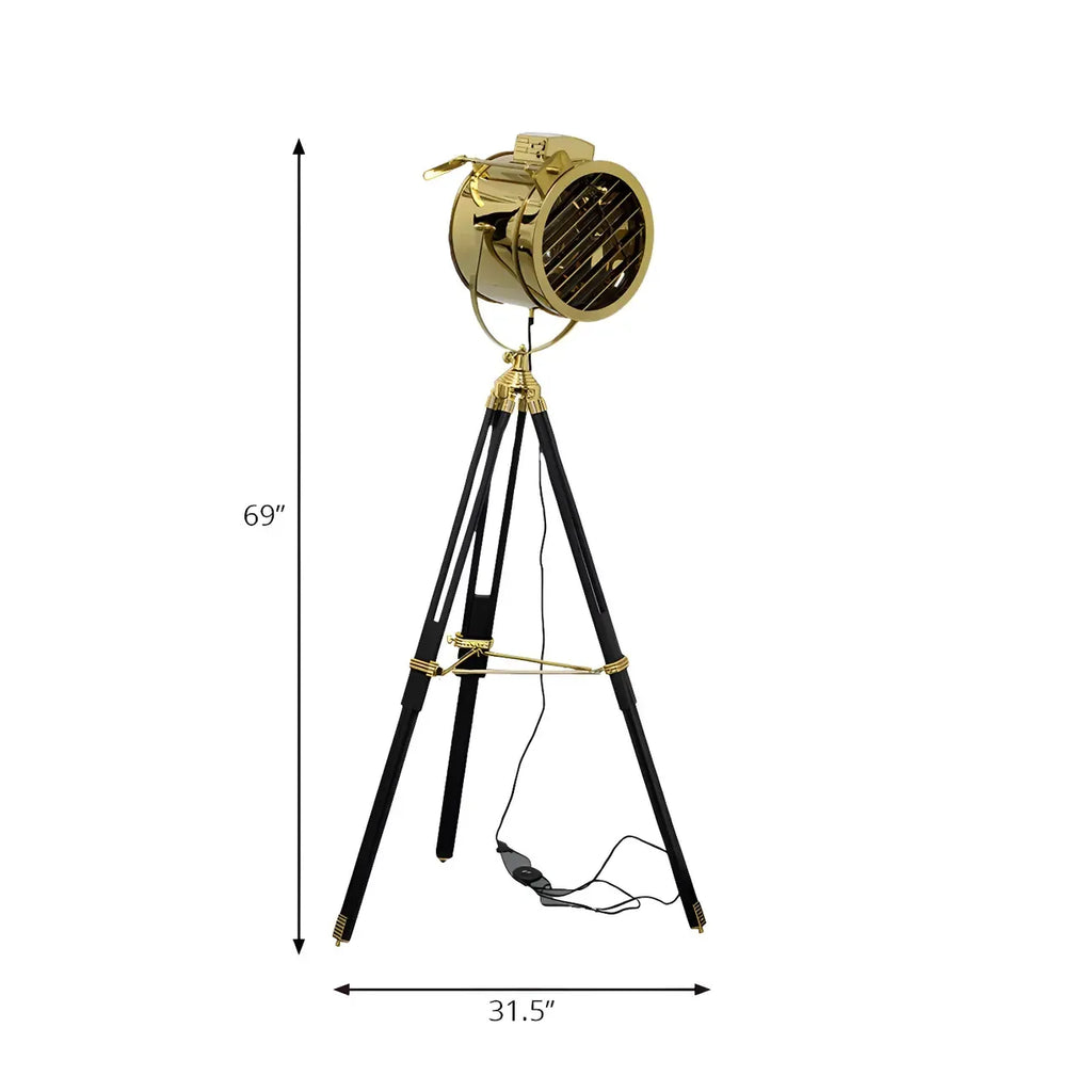 Industrial Gold Metal Tripod Standing Floor Lamp