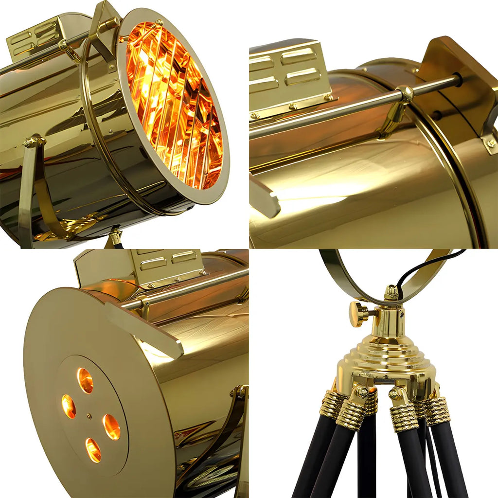 Industrial Gold Metal Tripod Standing Floor Lamp