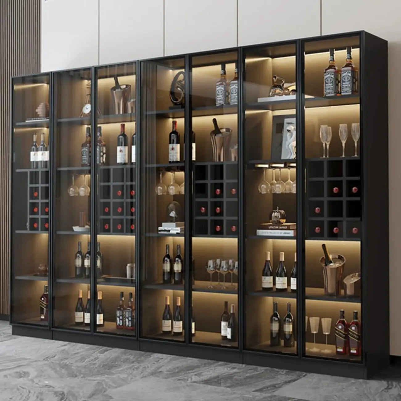 Freestanding Black Wood Glass Door Wine Rack Cabinet