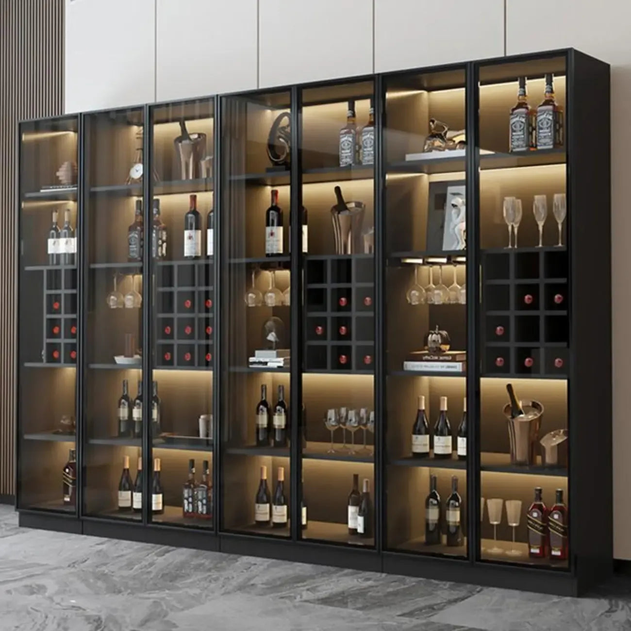 Freestanding Black Wood Glass Door Wine Rack Cabinet