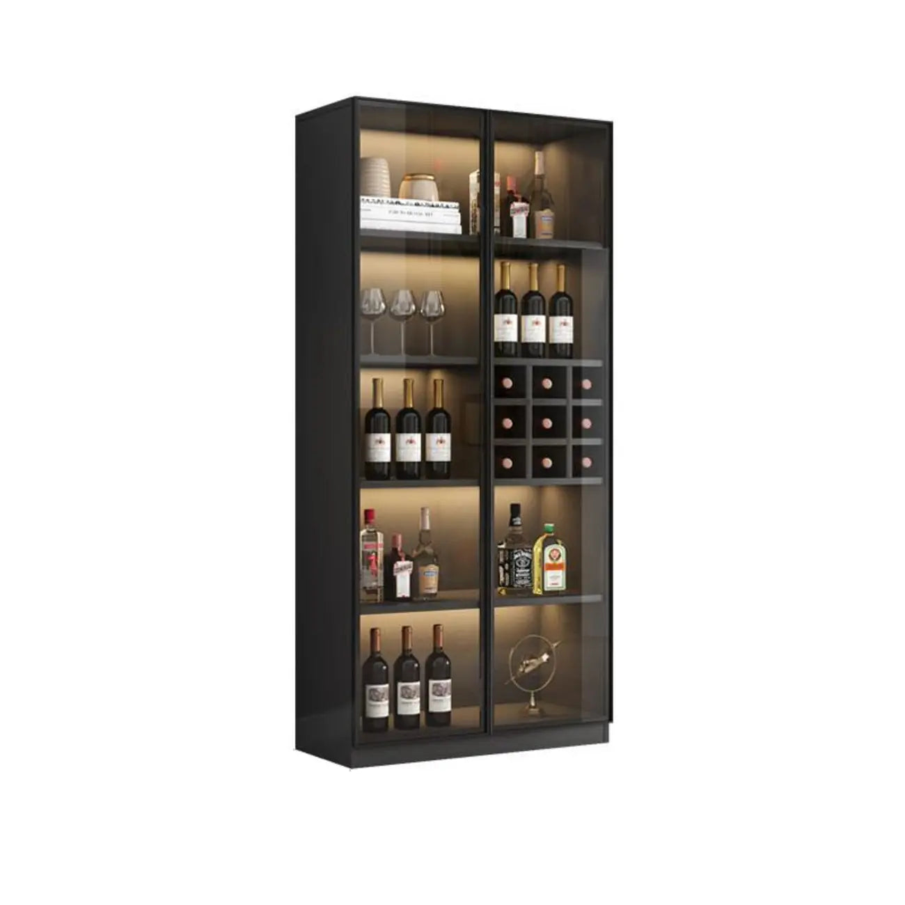 Freestanding Black Wood Glass Door Wine Rack Cabinet
