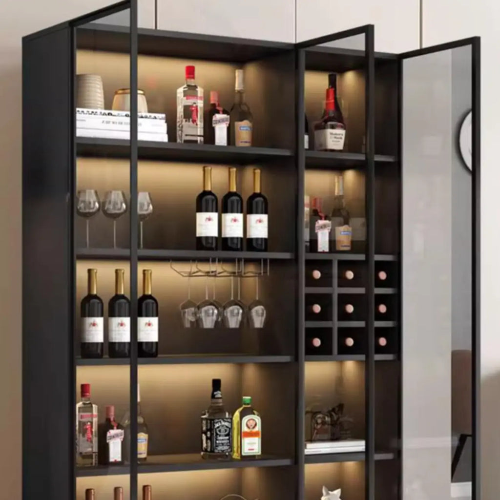 Freestanding Black Wood Glass Door Wine Rack Cabinet